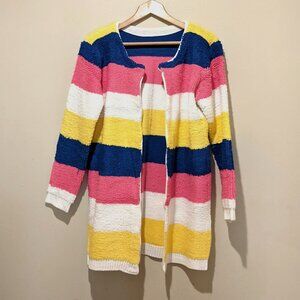 Cozy Boho Rainbow Stripe Open-Front Sweater Cardigan – Size L (New Without Tags)